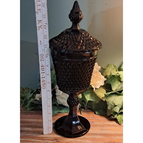 Vintage Indiana Black Glass Tiara Diamond Point 15" Pedestal Compote w/Lid Candy - Picture 5 of 6